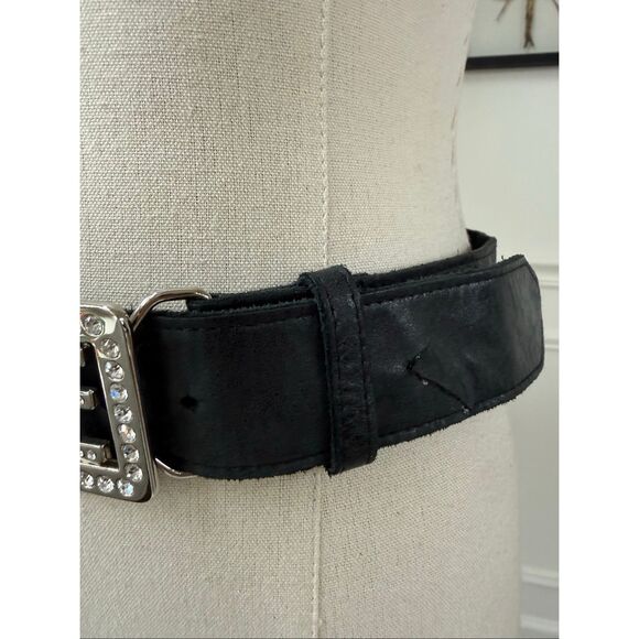 Vintage Y2K Bebe Black Leather Rhinestone Bling Silver Logo Low Rise Belt S M